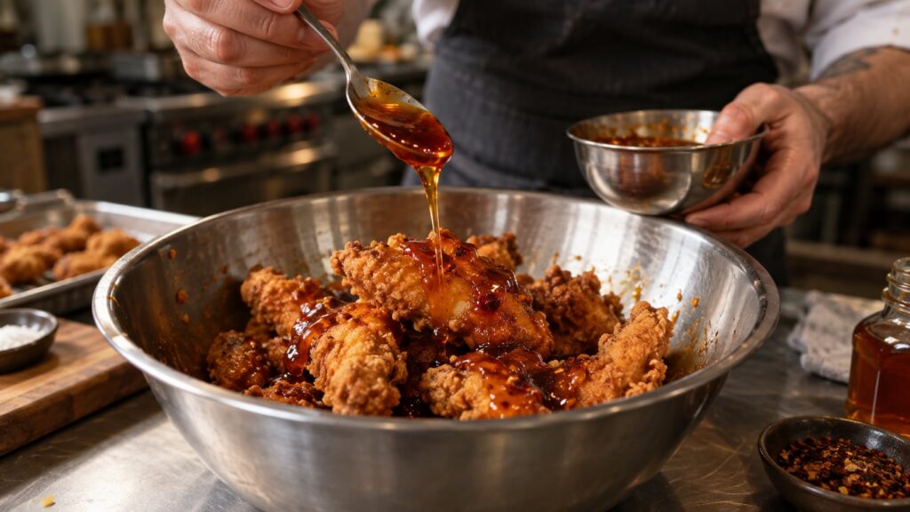 A chef s hands drizzling hot honey sauce over freshly fried chicken tenders in a large bowl