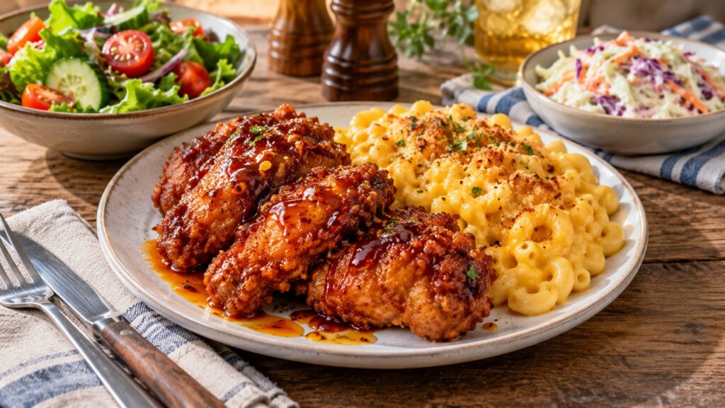 Various side dishes like a simple green salad and coleslaw arranged around a serving of hot honey chicken and mac and ch