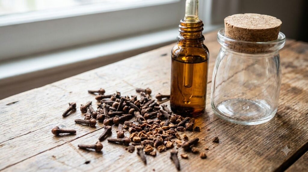 A close-up of whole and crushed cloves with a bottle of carrier oil and a glass jar illustrating the preparation step of