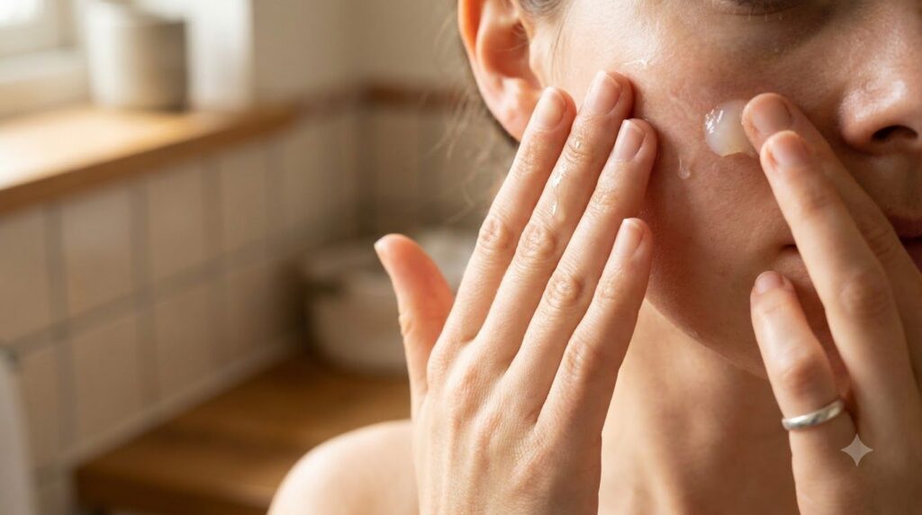 A person s hand applying a clear oil to their face followed by another hand applying a small amount of petroleum jelly o