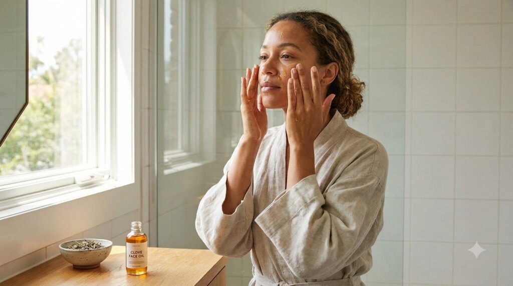 A woman gently massaging a few drops of clove-infused oil onto her face with soft upward strokes highlighting the applic