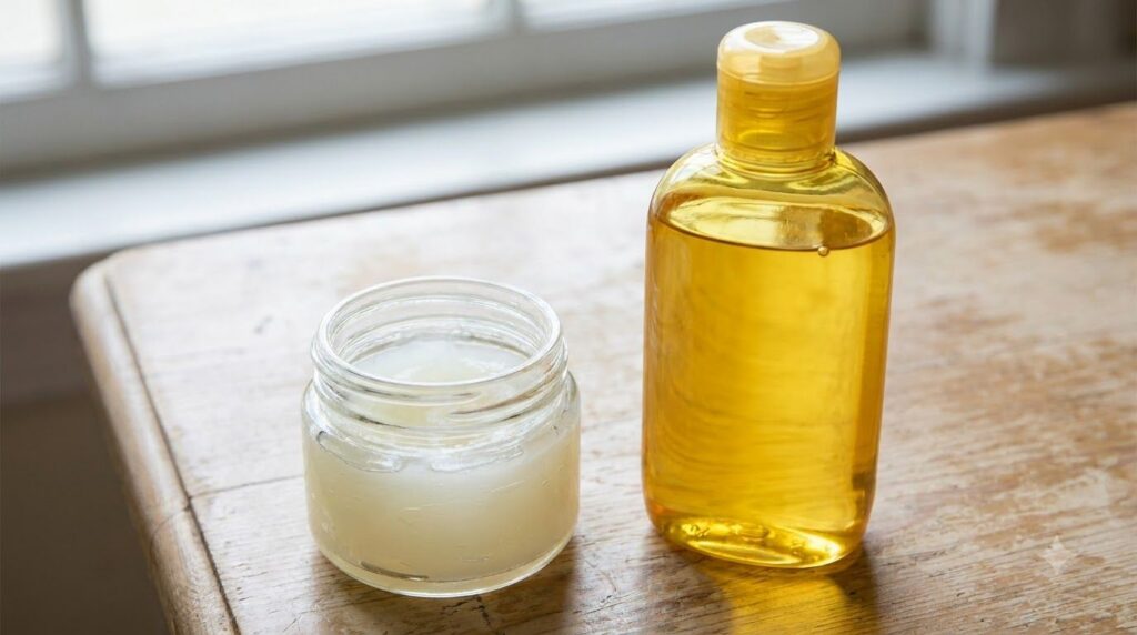 A close-up of a small amount of Vaseline in a glass jar and a bottle of Johnson s Baby Oil emphasizing the simplicity of