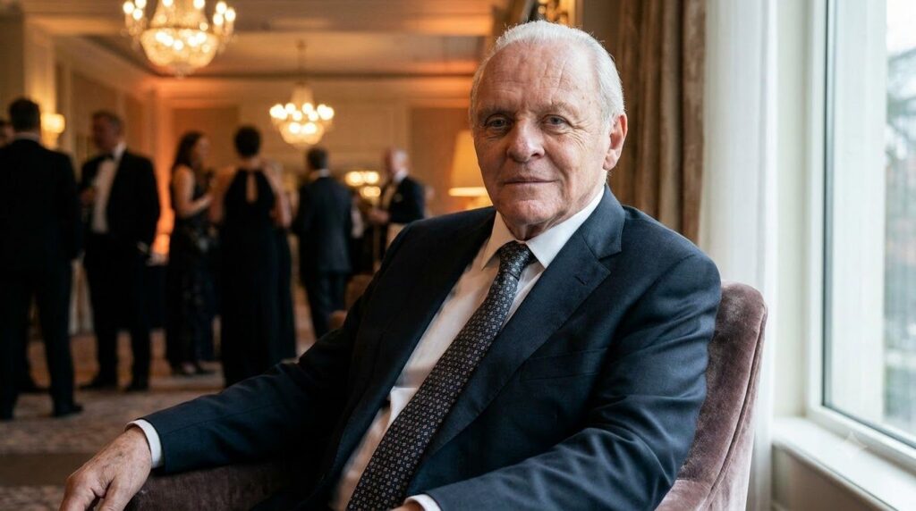 Sir Anthony Hopkins in a sophisticated setting perhaps at an awards ceremony or a film set looking thoughtful and distin