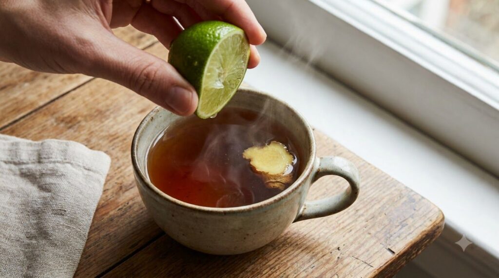 A close-up of a hand gently squeezing a fresh lime into a steaming mug of ginger tea with a small piece of ginger visibl