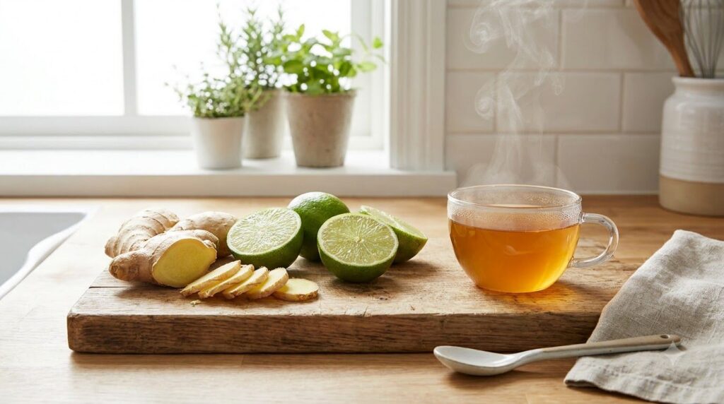 Sliced fresh ginger and halved limes arranged next to a small glass cup of freshly prepared ginger and lime tea Bright c