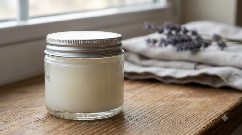 Close-up shot of a small glass jar containing the mixed Vaseline and Johnson s Baby Oil balm The balm is smooth and slig