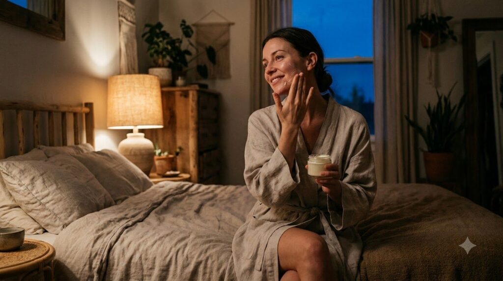 A woman gently massaging a small amount of the Vaseline and baby oil balm onto her face and neck before bed Her eyes are