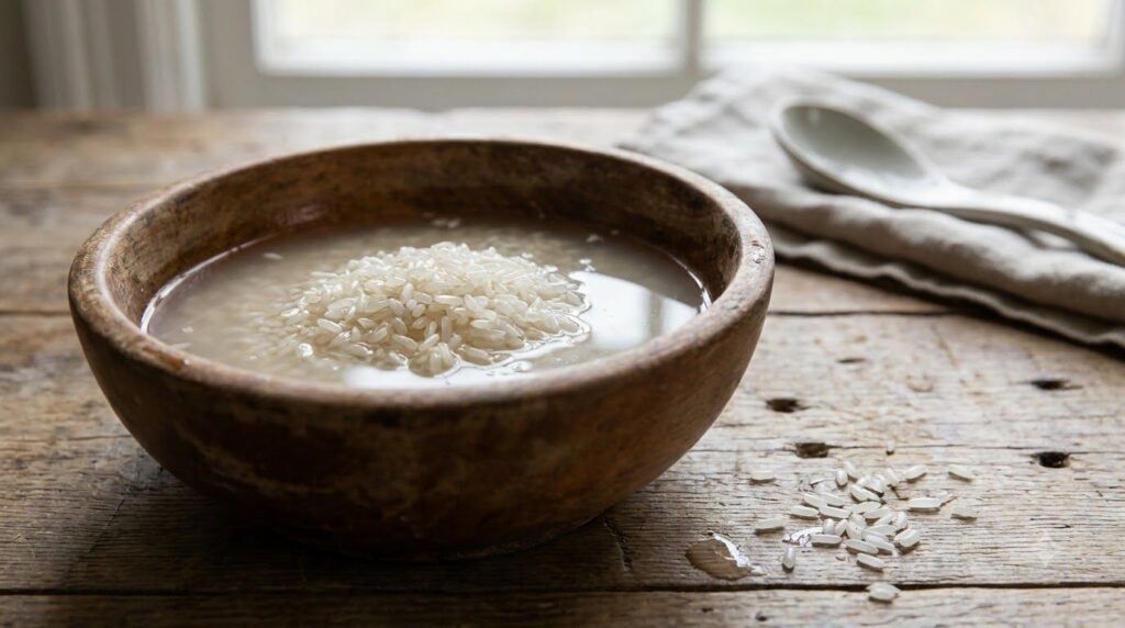 A close-up of a wooden bowl filled with white rice soaking in water with a few loose grains scattered on a rustic wooden