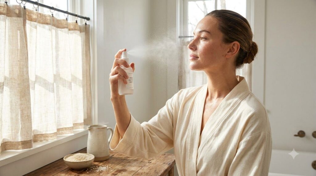 A woman gently spraying rice water from a small bottle onto her clean face with a soft natural glow to her skin