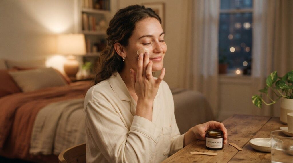 A woman gently applying a small amount of balm to her face before bed focusing on areas with fine lines in a soft natura