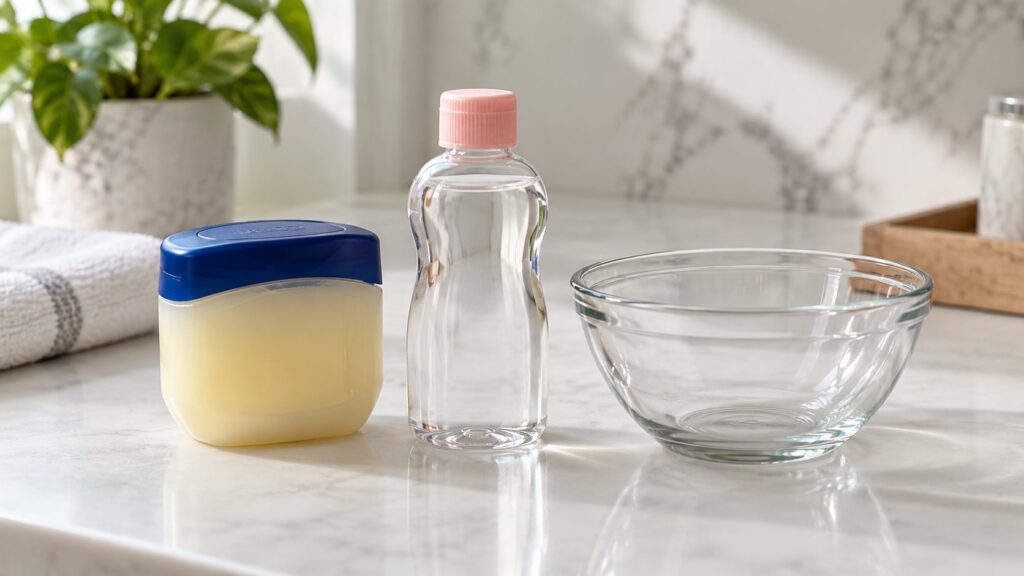 Ingredients for DIY Ageless Skin Balm a jar of Vaseline a bottle of baby oil and a small mixing bowl on a clean surface