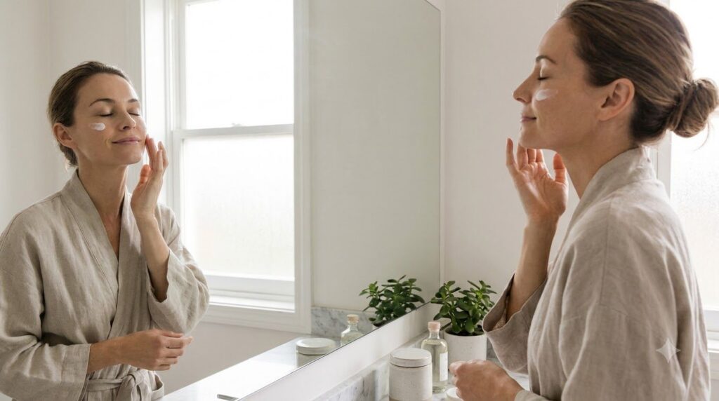 A woman gently applying a small amount of cream to her cheek with her fingertips looking relaxed and happy