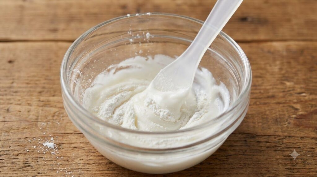 Close-up of a small bowl where Vaseline is being mixed with a finely crushed white powder using a tiny spatula showing a
