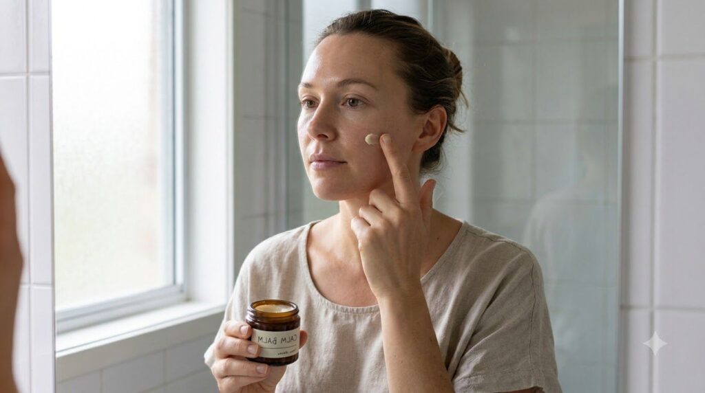 A woman gently applying a small amount of the homemade balm to her cheek near her eye demonstrating careful application 