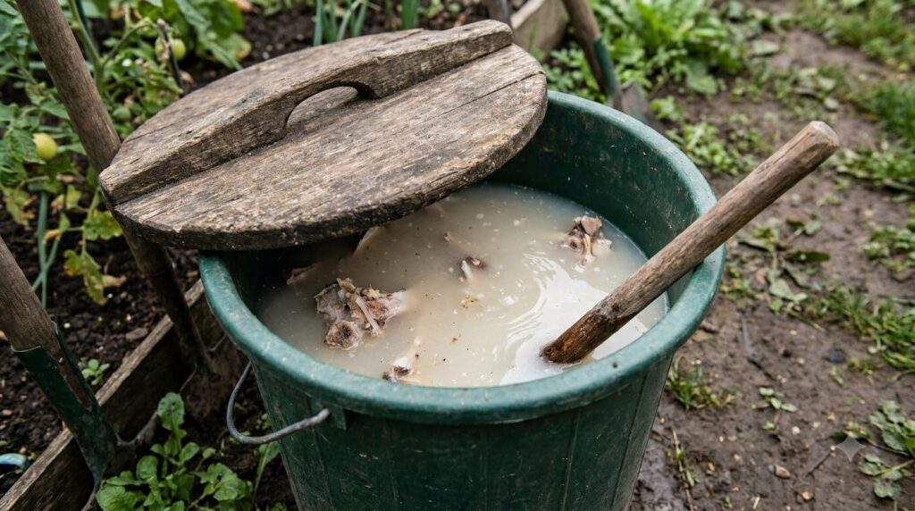 A close-up of a large bucket with a lid containing bone meal soaking in water with a wooden stirring stick beside it