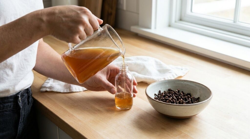 A close-up of a person gently pouring a freshly prepared clove toning mist into a small spray bottle with a bowl of stra