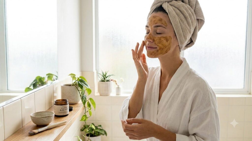 A woman gently applying the clove and honey face mask to her clean face with her eyes closed in a moment of self-care in