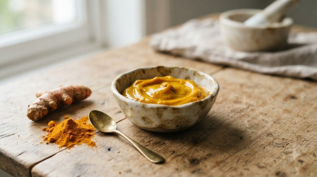 A small bowl containing a yellow turmeric and Vaseline paste with turmeric powder and fresh turmeric root visible nearby