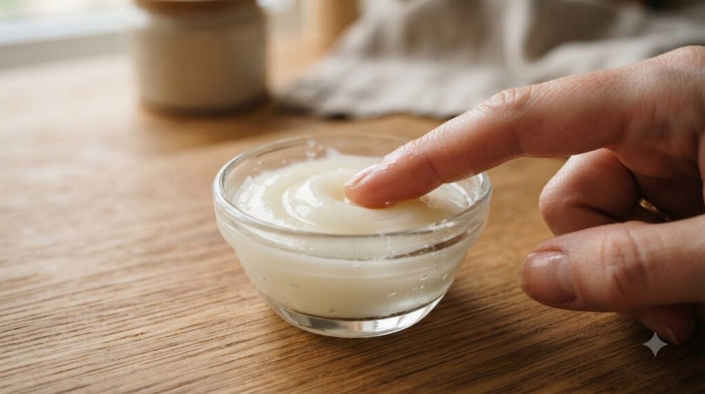 A small bowl of Vaseline mixed with baby oil ready to be applied with a soft natural background