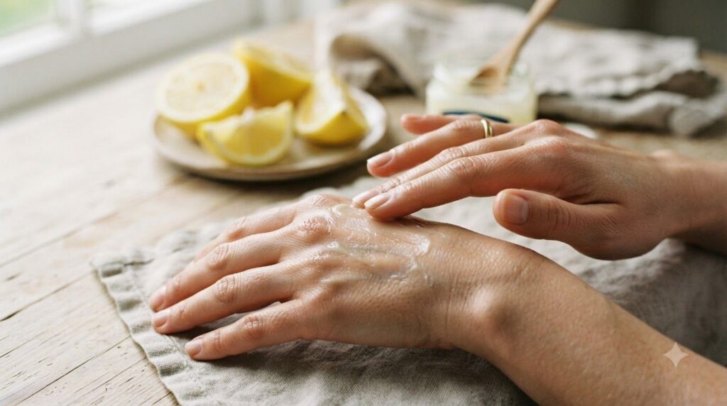 A hand applying a thin layer of Vaseline and lemon mixture with fresh lemons in the background