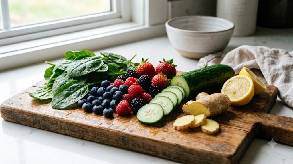 Various fresh fruits and vegetables commonly used in detox smoothies such as spinach berries cucumber ginger and lemon a