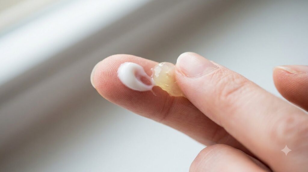 A small amount of anti-aging cream and Vaseline being mixed on a fingertip or small palette
