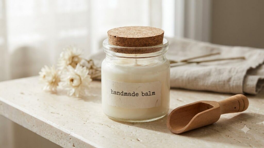 Close-up of a small clean container filled with a creamy white homemade Vaseline and Vitamin E balm ready for use