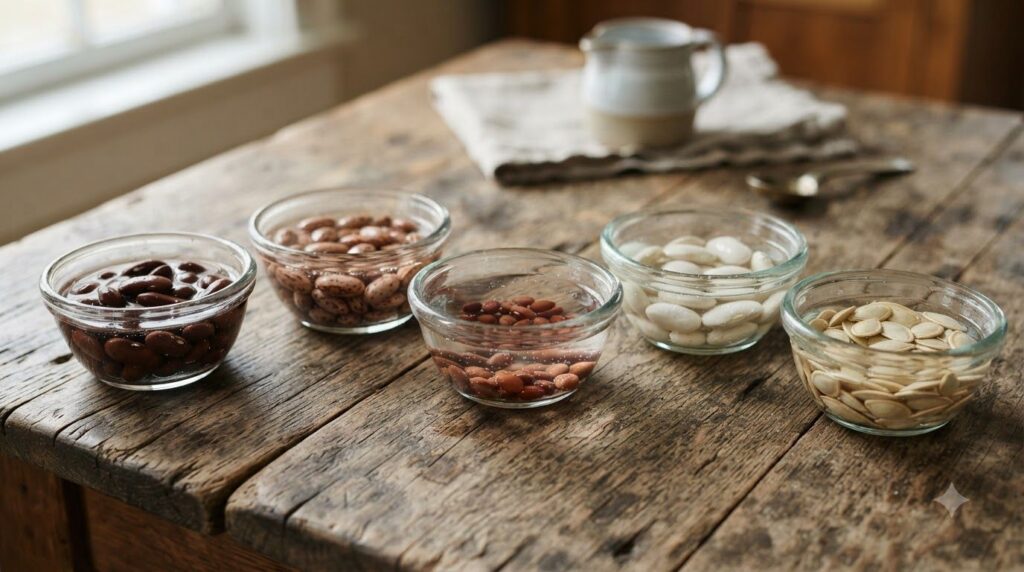 Close-up of various types of seeds beans corn pumpkin soaking in separate small glass bowls filled with water