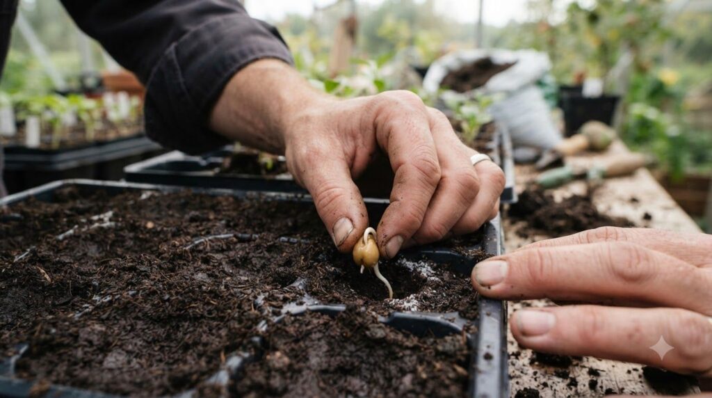 A person s hands gently planting a soaked and slightly sprouted seed into a seed-starting tray filled with moist potting