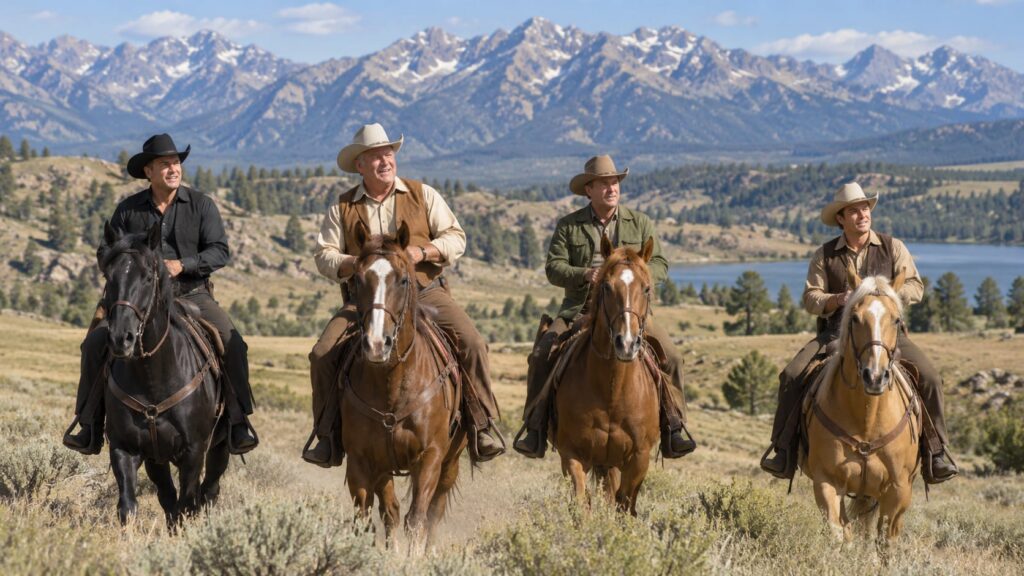 A scene from Bonanza showing the Cartwrights riding horses across the Ponderosa landscape perhaps with mountains in the