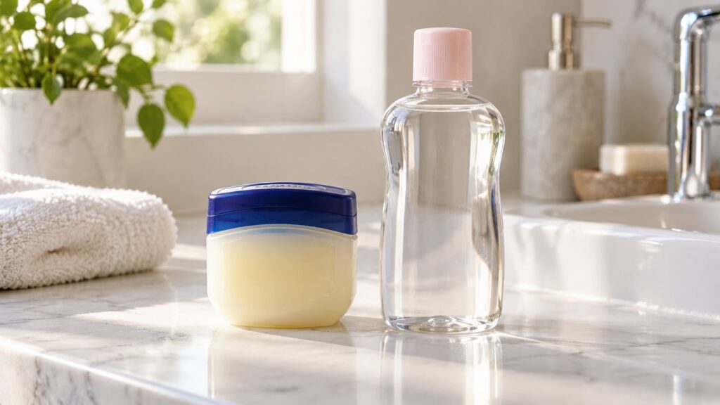 A small jar of Vaseline next to a bottle of baby oil on a clean bathroom counter suggesting a simple DIY mix for hydrati
