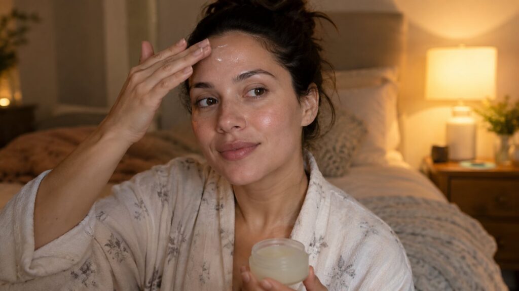 A woman gently applying a thin layer of petroleum jelly to her forehead before bed in a soft warm bedroom light