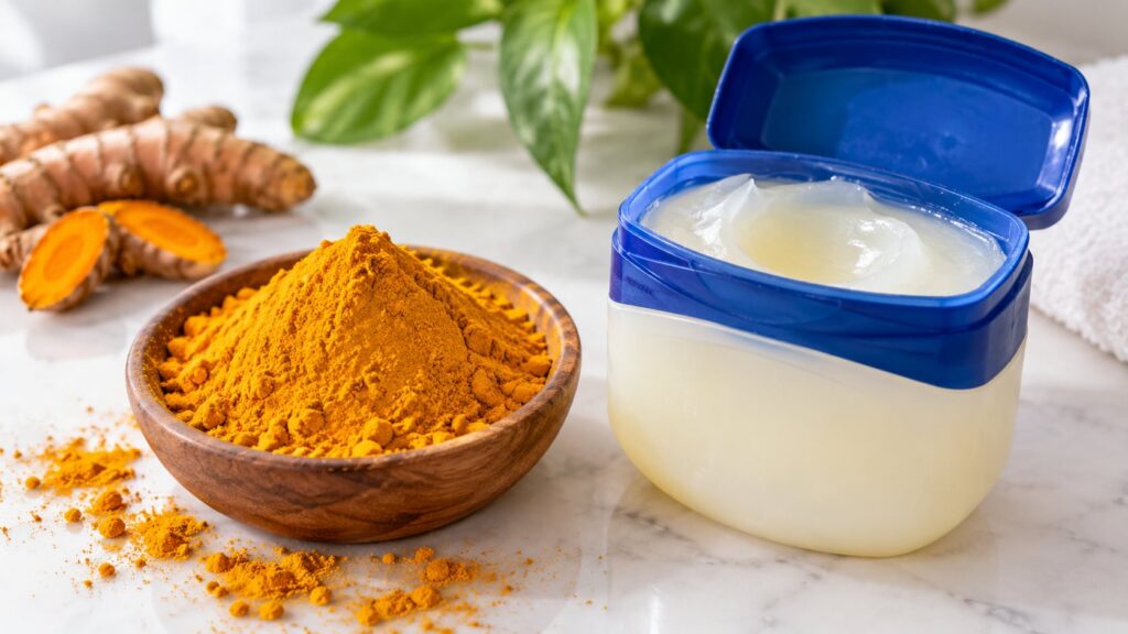 A small pile of bright yellow turmeric powder next to an open jar of Vaseline ready to be mixed for a DIY beauty recipe