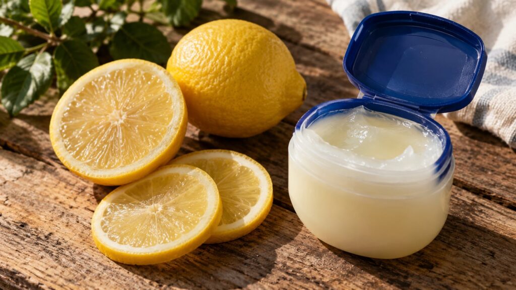 Fresh lemon slices next to an open jar of Vaseline indicating a DIY beauty mix for brightening