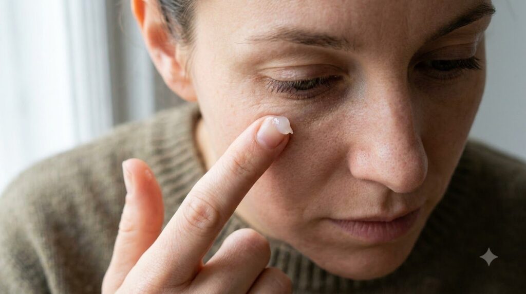 A small amount of Vaseline being gently applied to the skin around an eye or on lips with a fingertip showing a close-up