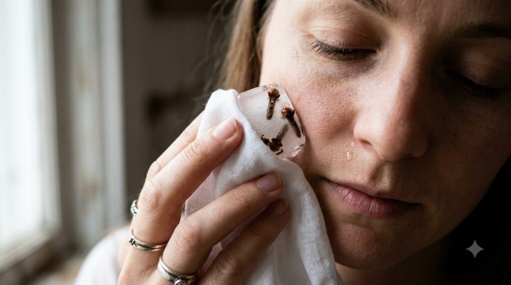A single clove ice cube wrapped in a thin cotton cloth being gently rubbed across a woman s cheek