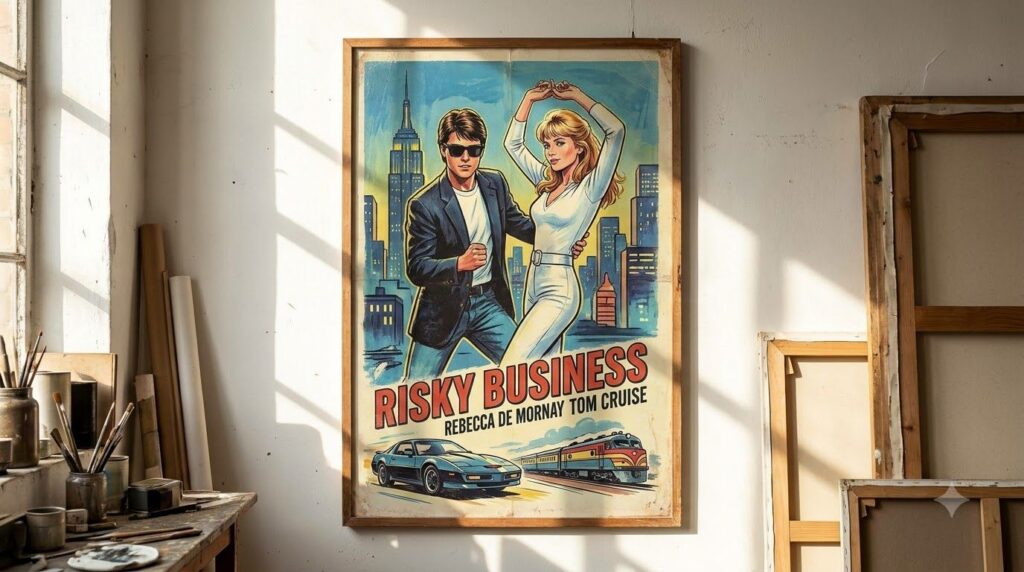 A movie poster or still from Risky Business featuring Rebecca De Mornay and Tom Cruise capturing the film s iconic 80s a