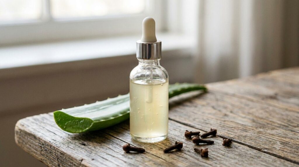A small clear glass bottle with a dropper containing a translucent gel serum labeled as Clove Aloe Vera Serum placed on 
