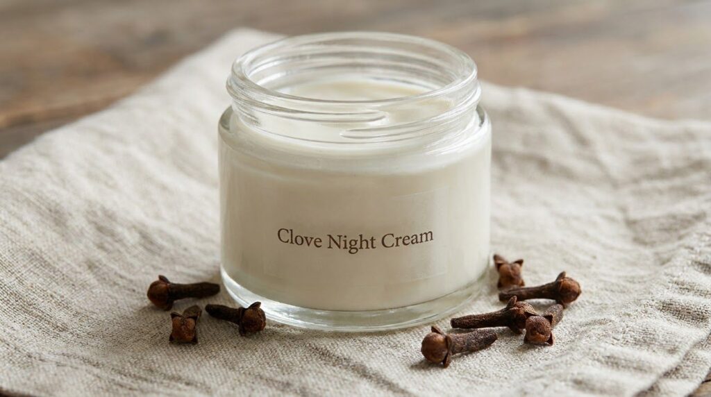 A small elegant jar of creamy white night cream labeled Clove Night Cream with a few whole cloves scattered around on a 