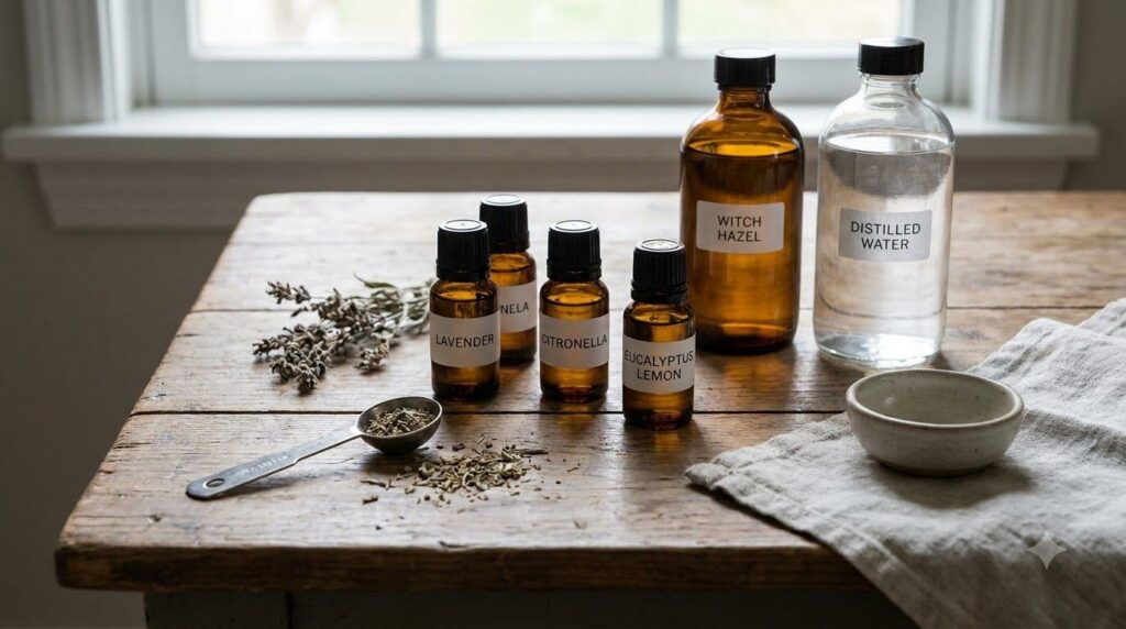Various small bottles of essential oils citronella lavender eucalyptus lemon arranged with witch hazel distilled water a
