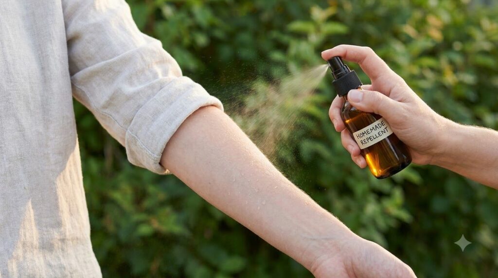 A person spraying homemade mosquito repellent onto their arm in an outdoor setting with a blurred green background