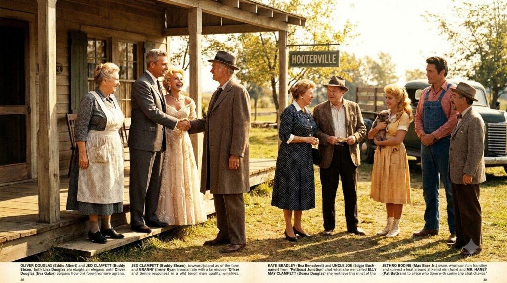 Characters from Green Acres Petticoat Junction and The Beverly Hillbillies in a group shot depicting the shared universe