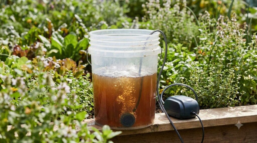 A clear 5-gallon bucket with dark amber worm tea brewing inside with an air pump and airstone creating bubbles placed in