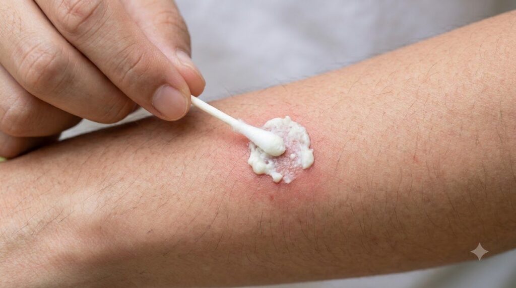 Close-up of a person applying a homemade soothing paste to a mosquito bite on their arm with a cotton swab showing a gen