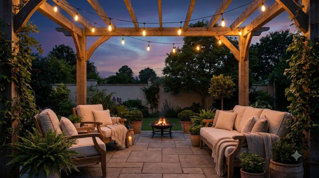 A tranquil outdoor setting at dusk with string lights and comfortable seating free from mosquitoes symbolizing enjoyable