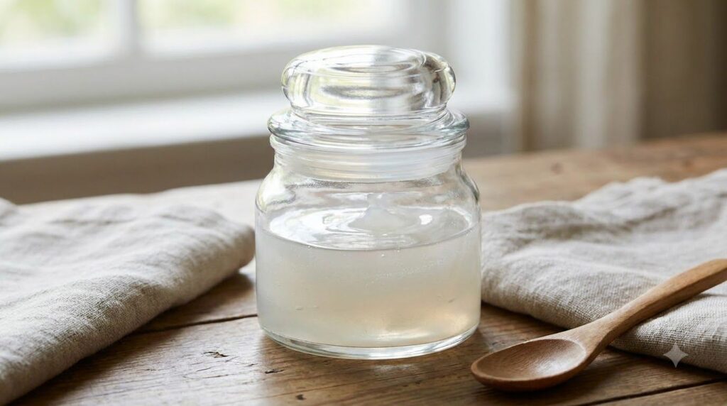 A close-up of the homemade Vaseline glow gel in a small glass jar with a smooth glossy texture ready for use