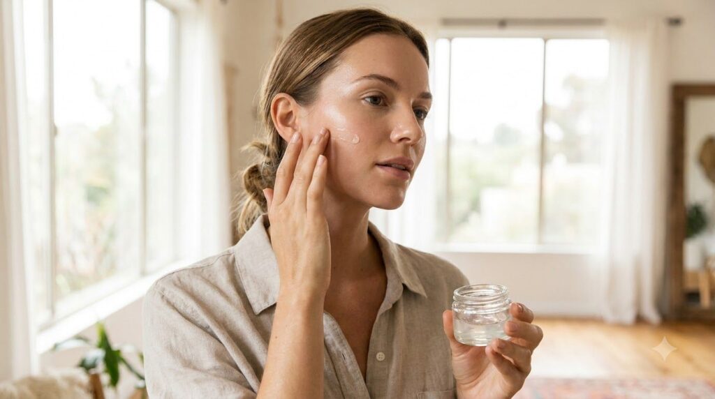 A woman gently applying a small amount of the homemade Vaseline glow gel to her cheek showing smooth radiant skin