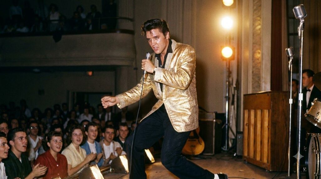 A full body shot of Elvis Presley performing on stage in the 1950s wearing a shimmering suit holding a microphone with a