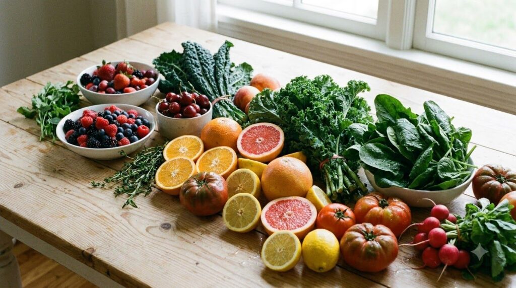 A vibrant and colorful selection of fresh fruits and vegetables such as berries leafy greens citrus fruits and avocados 