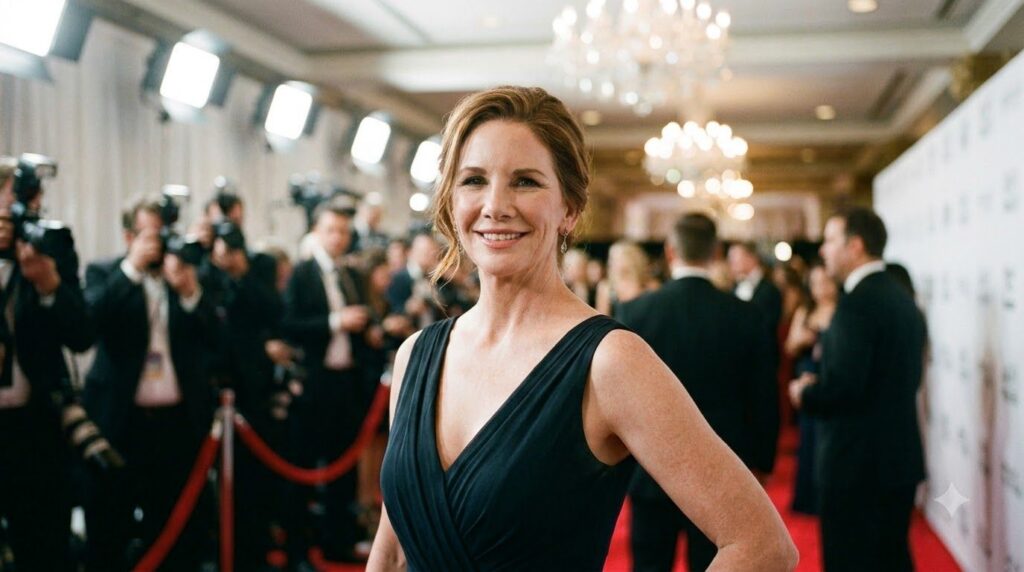 An adult Melissa Gilbert smiling warmly at an event showcasing her later career success